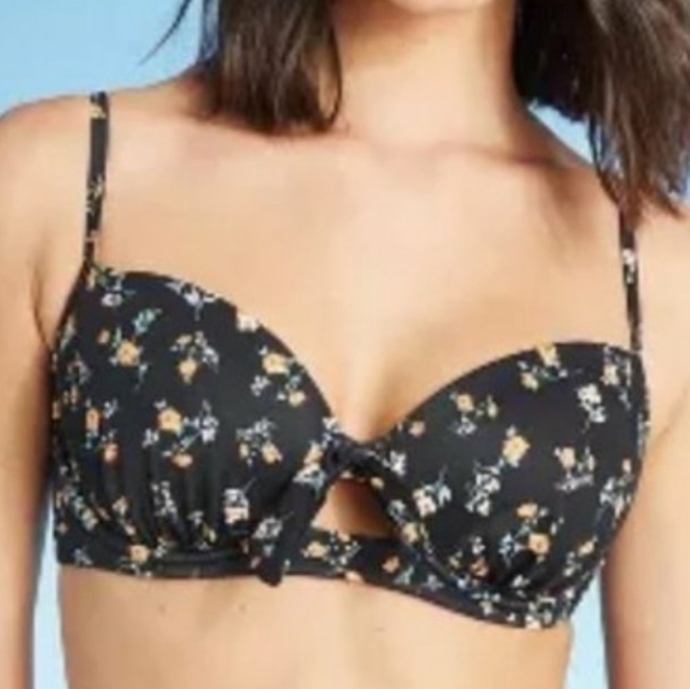 Shade & Shore Lightly Lined Tie Front Bikini Swimsuit Top Black FLoral 38C - Picture 5 of 5